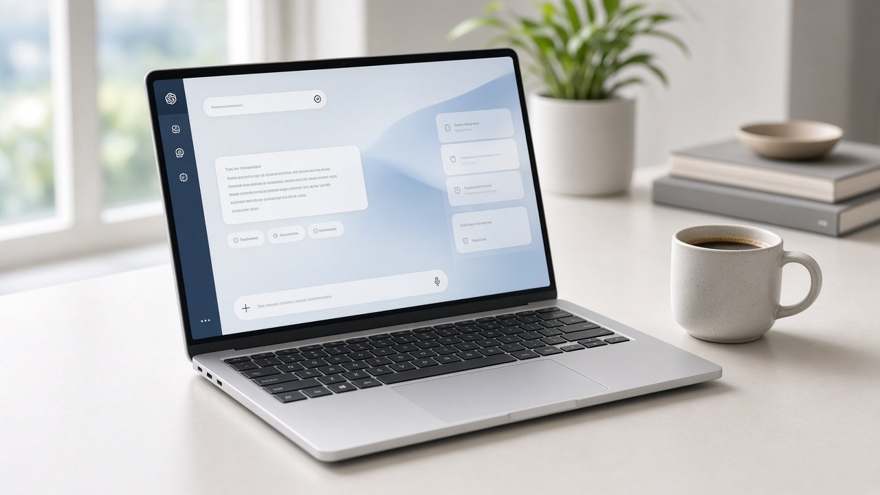 Thin silver Windows AI laptop open on a bright desk with coffee and notebooks