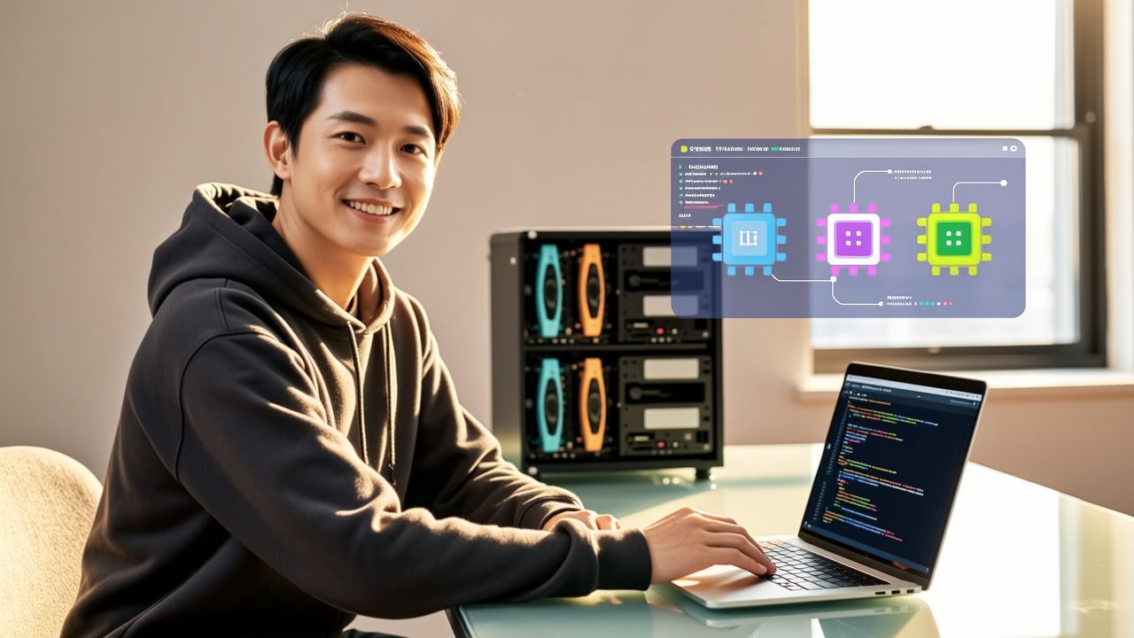 Bright editorial scene of an engineer at a sunlit desk deploying an LLM across mixed-color accelerator cards, with a soft one-codebase-to-many-chips diagram hint